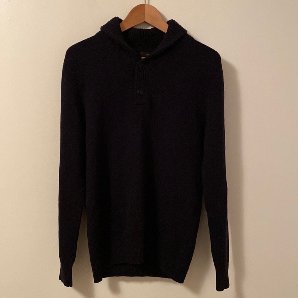 Gently Used Men’s Size Small J.Crew 100% Lambs Wool Navy Two Button Sweater